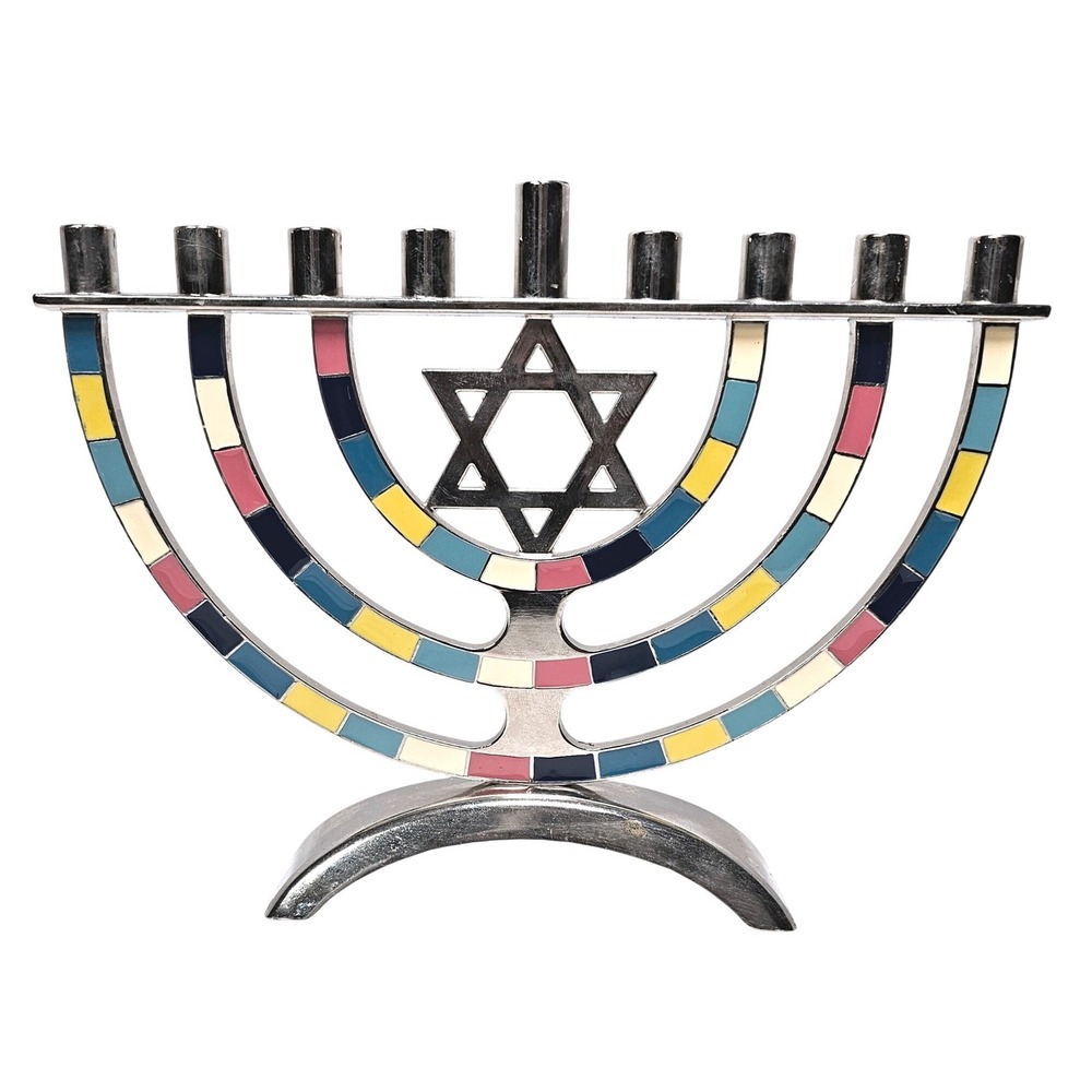 Multicolor Enamel Star of‎ David Hanukkah Menorah Silver Tone OS EUC